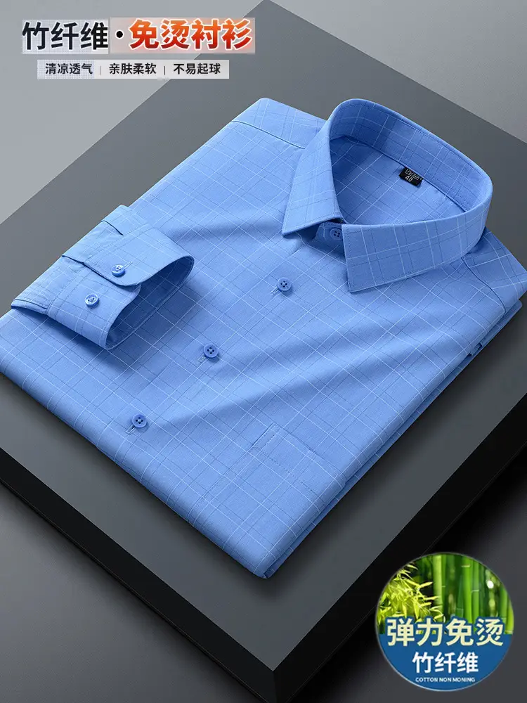 Men Cotton Long Sleeve Shirt Light Blue Elderly Thin - Image 30