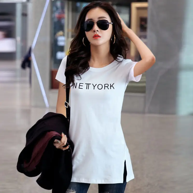 Women Printed Cotton T-Shirt White V-Neck Slim Fit