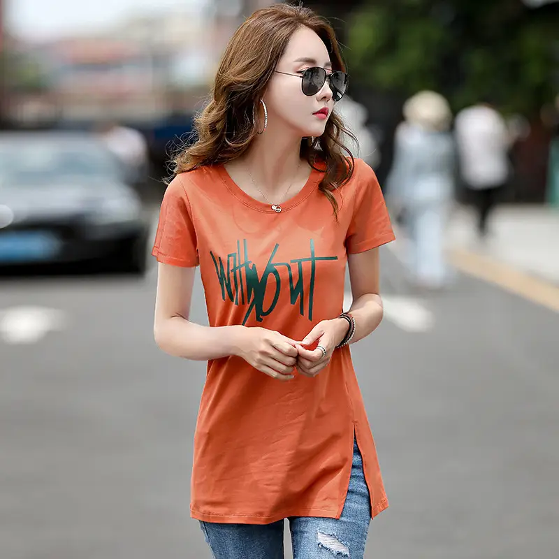 Women Printed Cotton T-Shirt White V-Neck Slim Fit