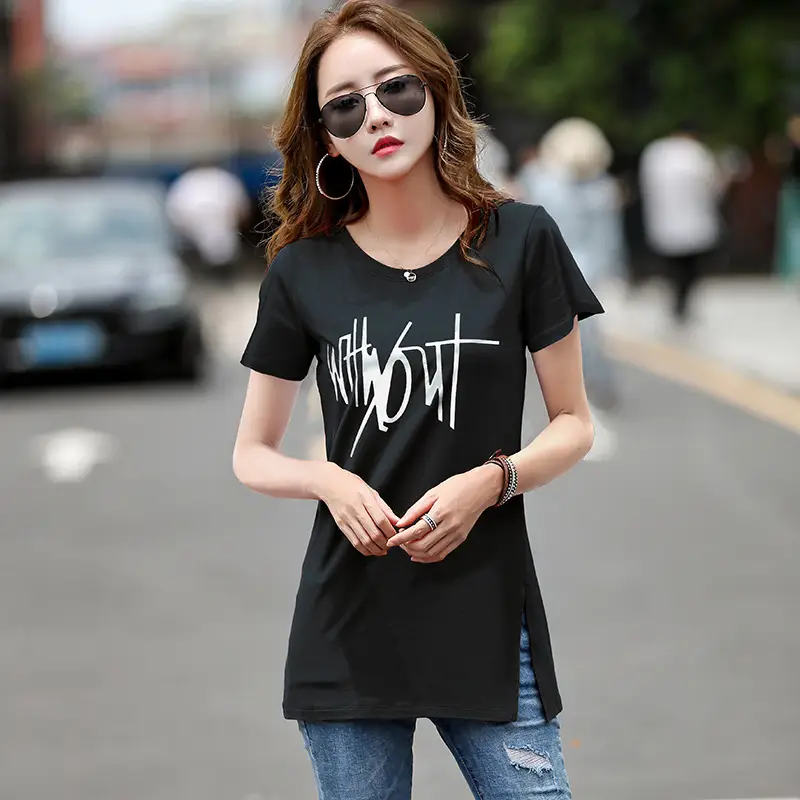 Women Printed Cotton T-Shirt White V-Neck Slim Fit