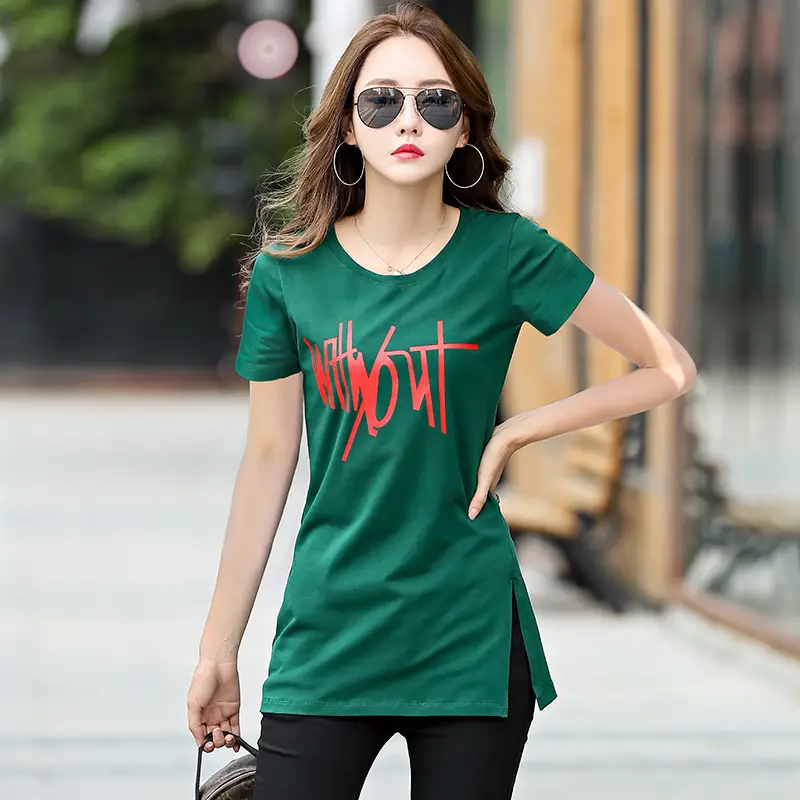 Women Printed Cotton T-Shirt White V-Neck Slim Fit