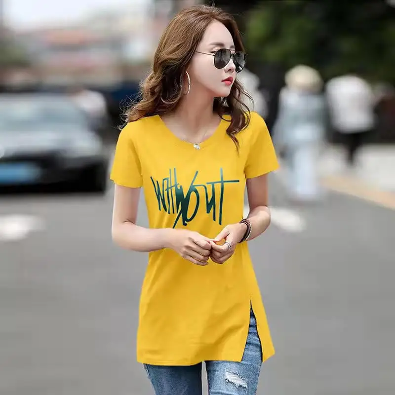 Women Printed Cotton T-Shirt White V-Neck Slim Fit