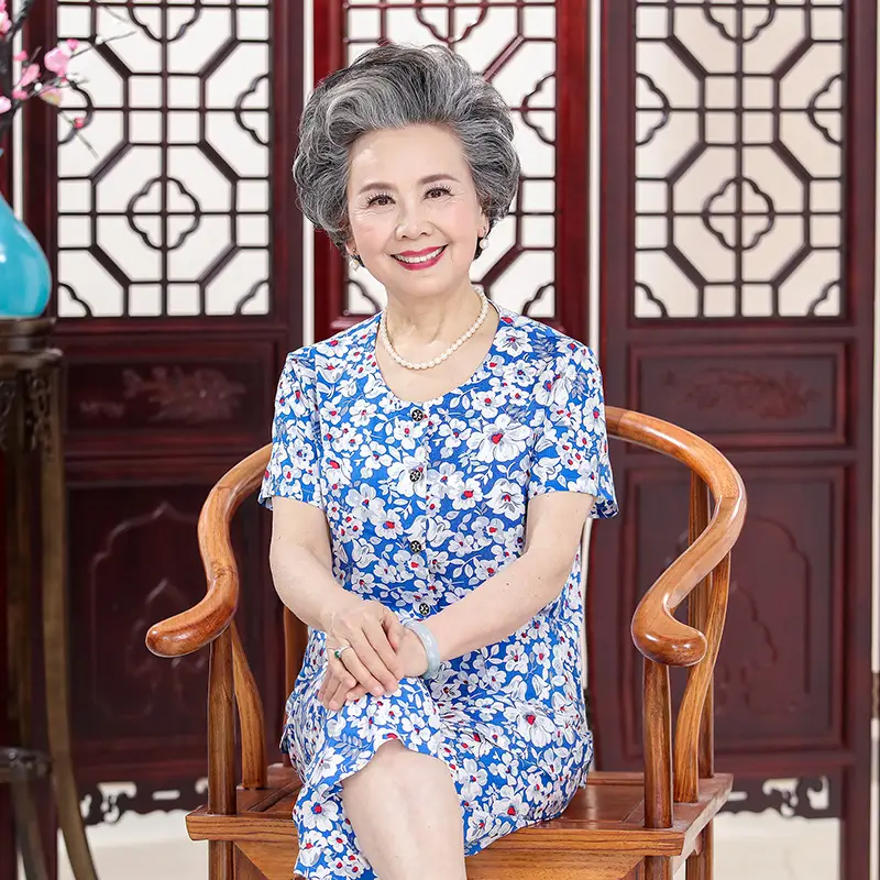 70-Yearold Cotton Silk Lady Suit Blue Floral - Image 50