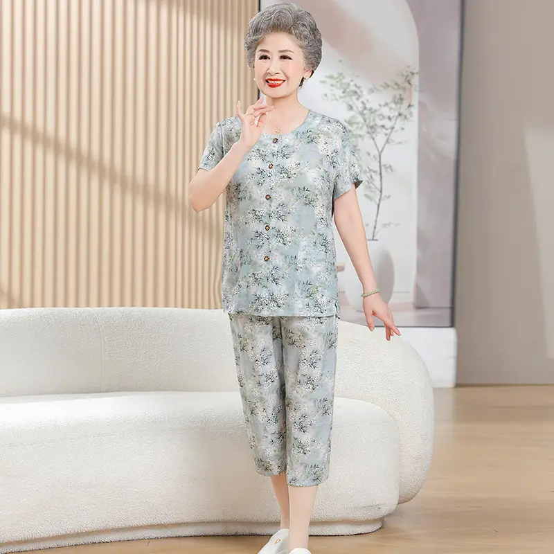 70-Yearold Cotton Silk Lady Suit Blue Floral - Image 22