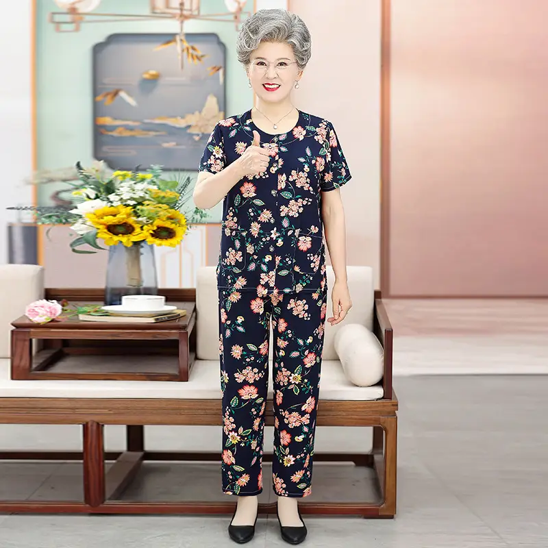 H-purplish blue flowers (short sleeve + trousers)