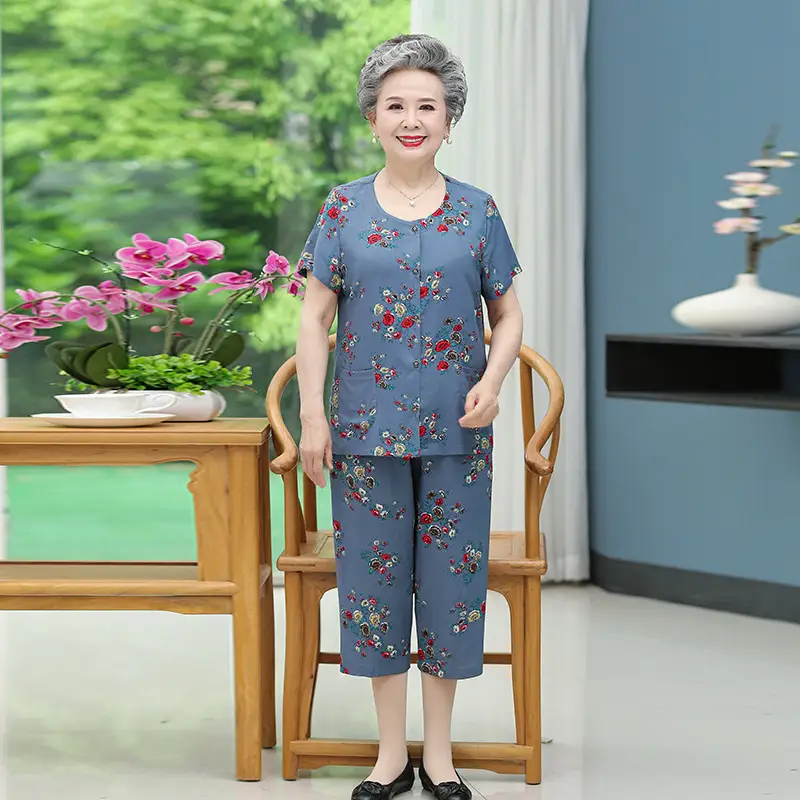 70-Yearold Cotton Silk Lady Suit Blue Floral - Image 38