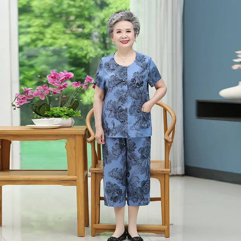 70-Yearold Cotton Silk Lady Suit Blue Floral - Image 40