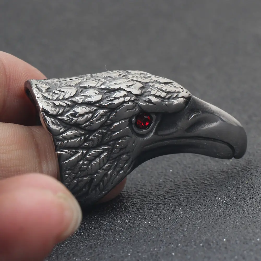 Retro Punk Stainless Steel Eagle Ring with Red Zircon Eye - Image 4