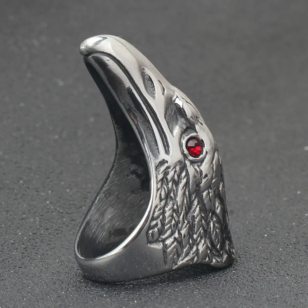 Retro Punk Stainless Steel Eagle Ring with Red Zircon Eye — feature 7