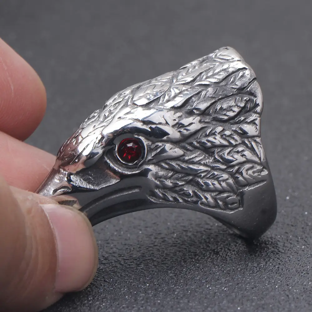 Retro Punk Stainless Steel Eagle Ring with Red Zircon Eye — feature 8