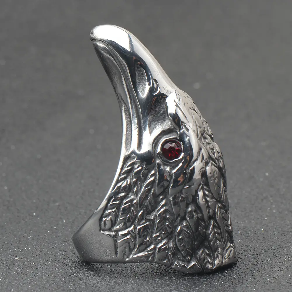 Retro Punk Stainless Steel Eagle Ring with Red Zircon Eye — feature 9