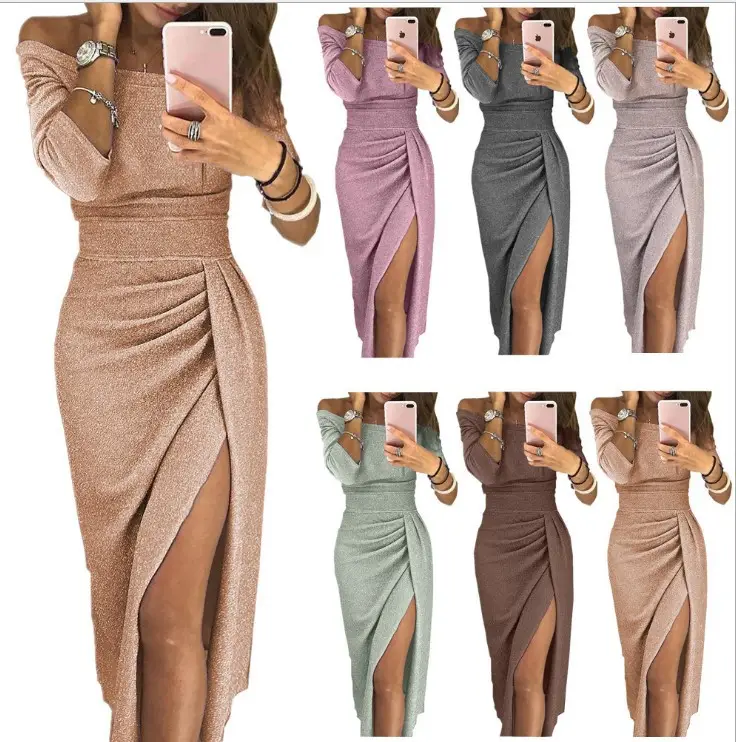 Purple Hip Slit One-Line Collar Dress for Women - Image 14