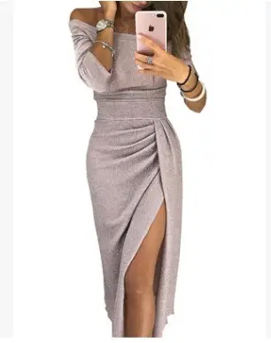 Purple Hip Slit One-Line Collar Dress for Women - Image 10