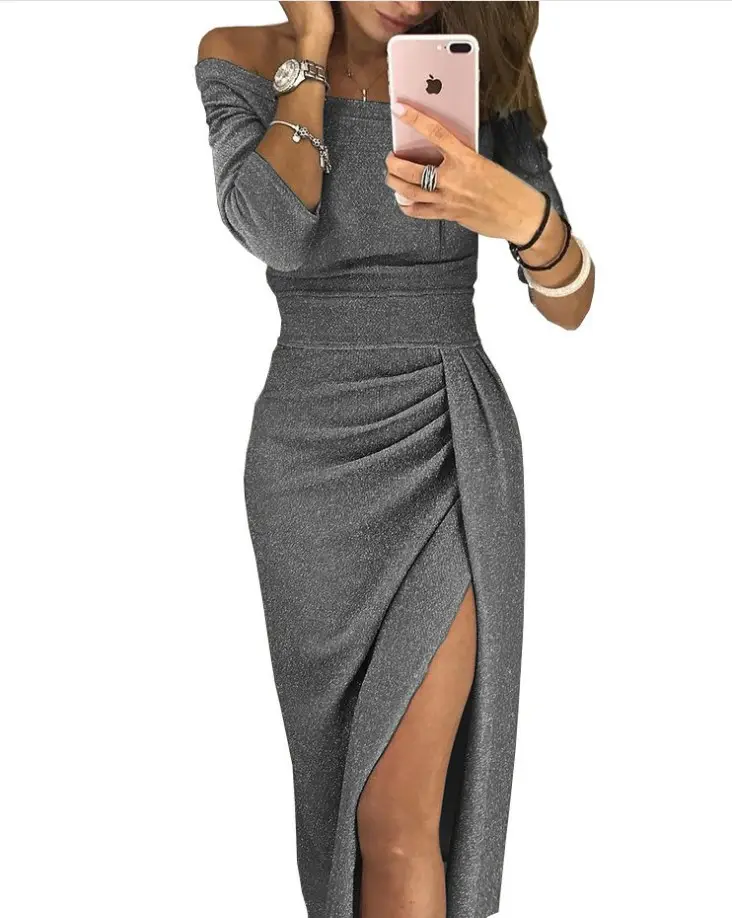 Purple Hip Slit One-Line Collar Dress for Women - Image 3