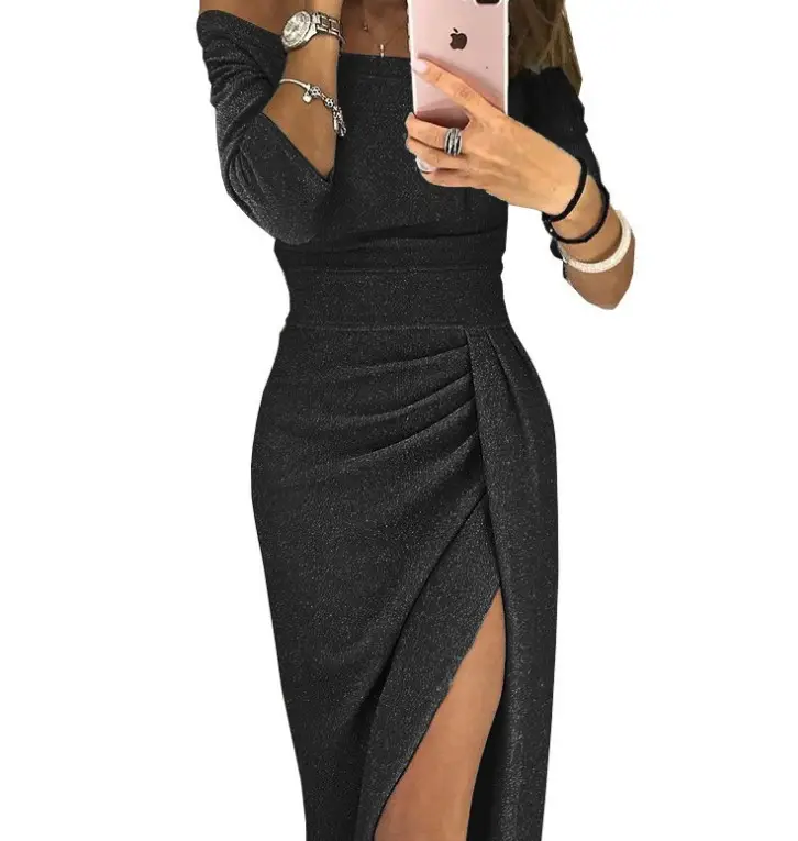 Purple Hip Slit One-Line Collar Dress for Women - Image 6