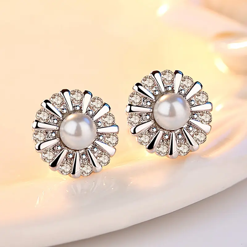 Women's Silver Plated Sunflower Pearl Earrings Wholesale - Image 2