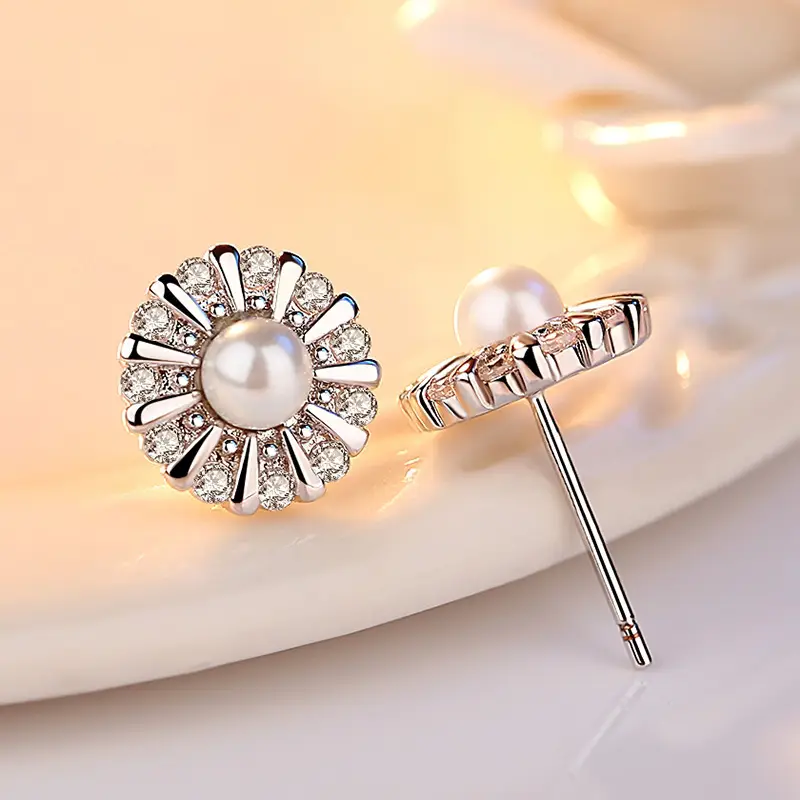 Women's Silver Plated Sunflower Pearl Earrings Wholesale - Image 3