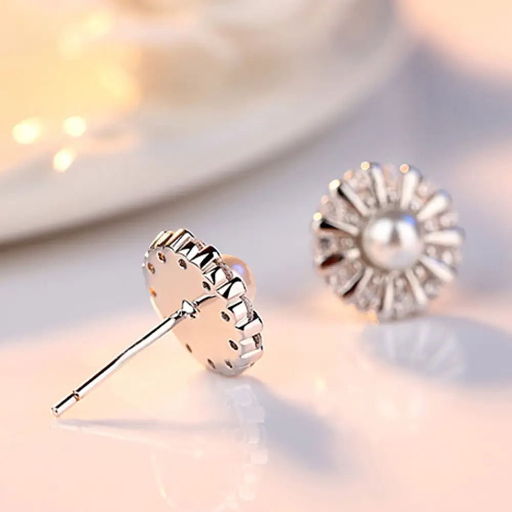 Women's Silver Plated Sunflower Pearl Earrings Wholesale - Image 4