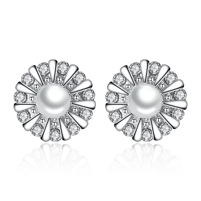 Women's Silver Plated Sunflower Pearl Earrings Wholesale - Image 5