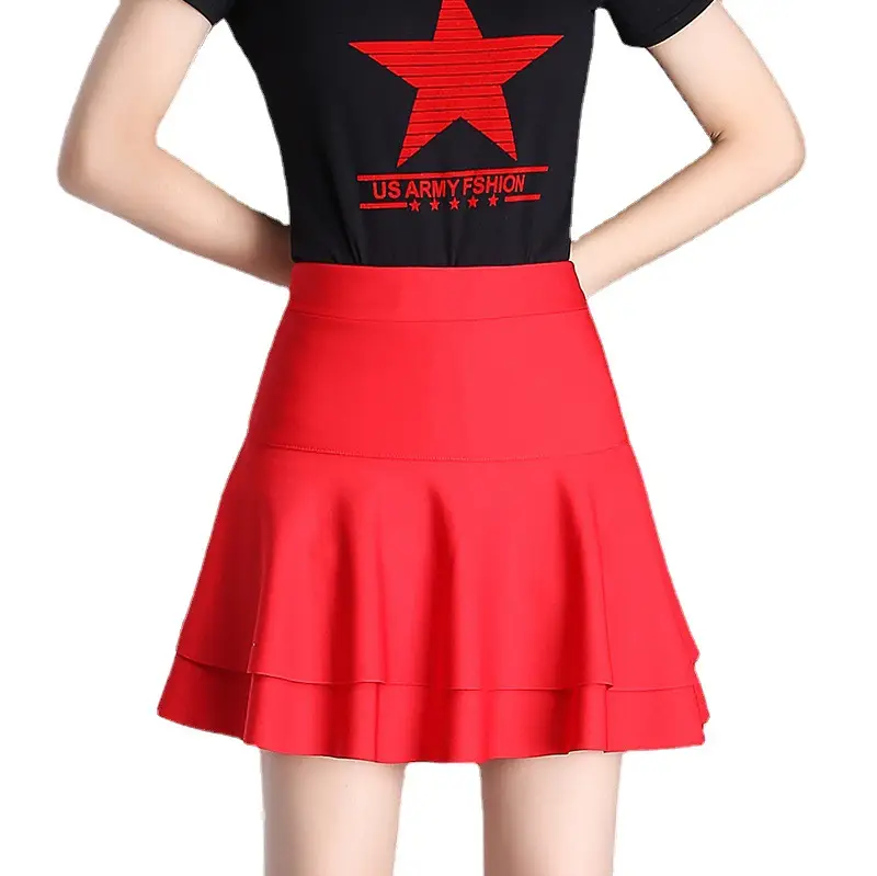 Red Square Dance Skirt Double Layer High Waist