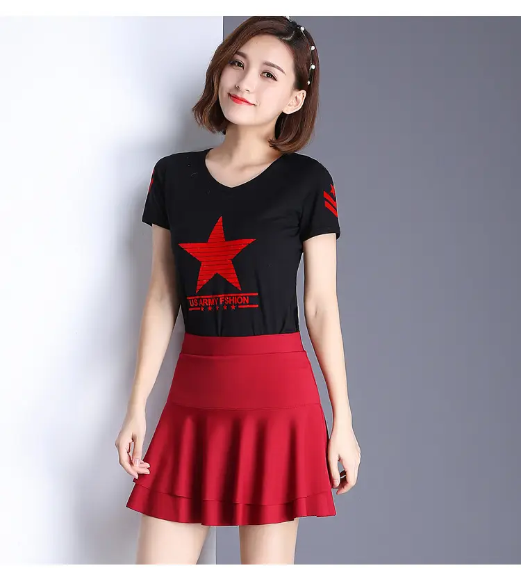 Red Square Dance Skirt Double Layer High Waist