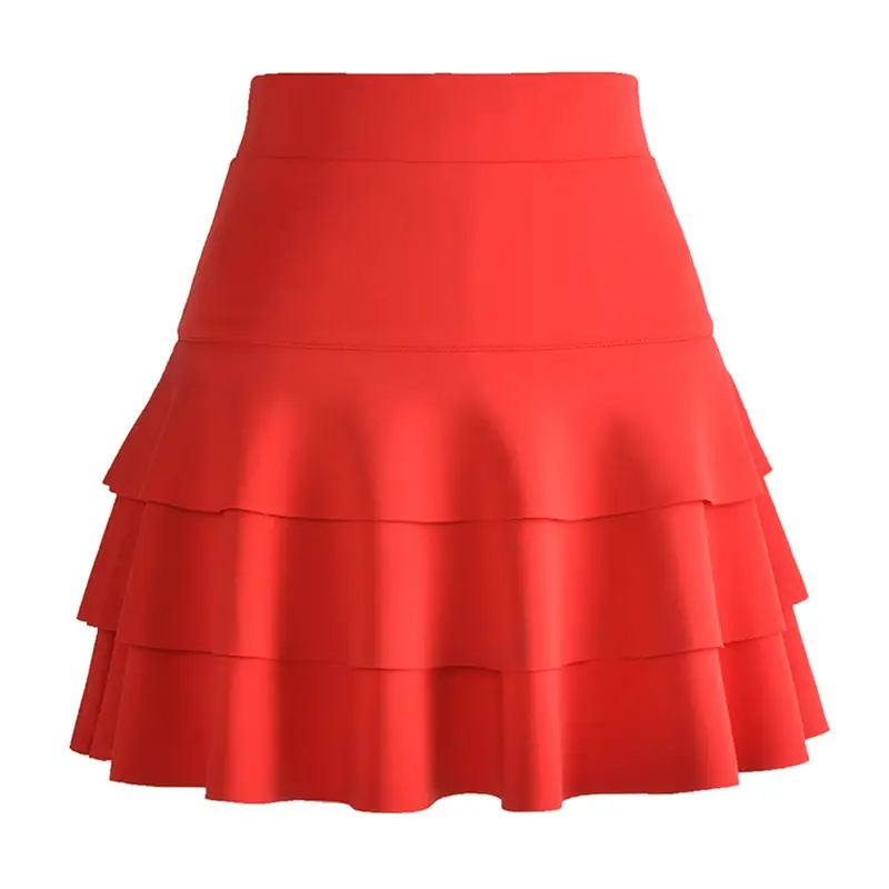 Red Square Dance Skirt Double Layer High Waist