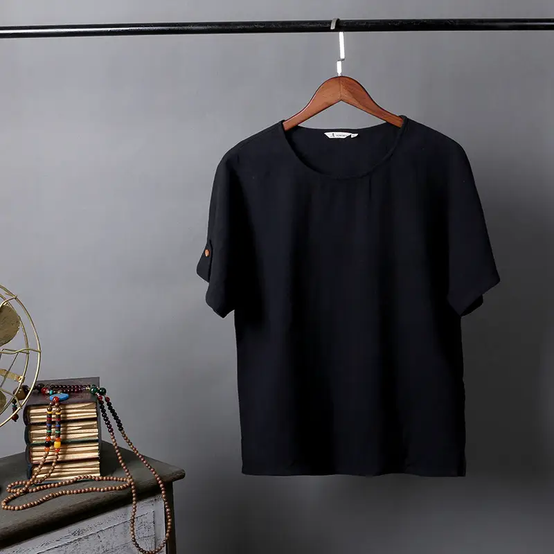 Men Linen Short Sleeve Shirt Navy Blue Youth Casual