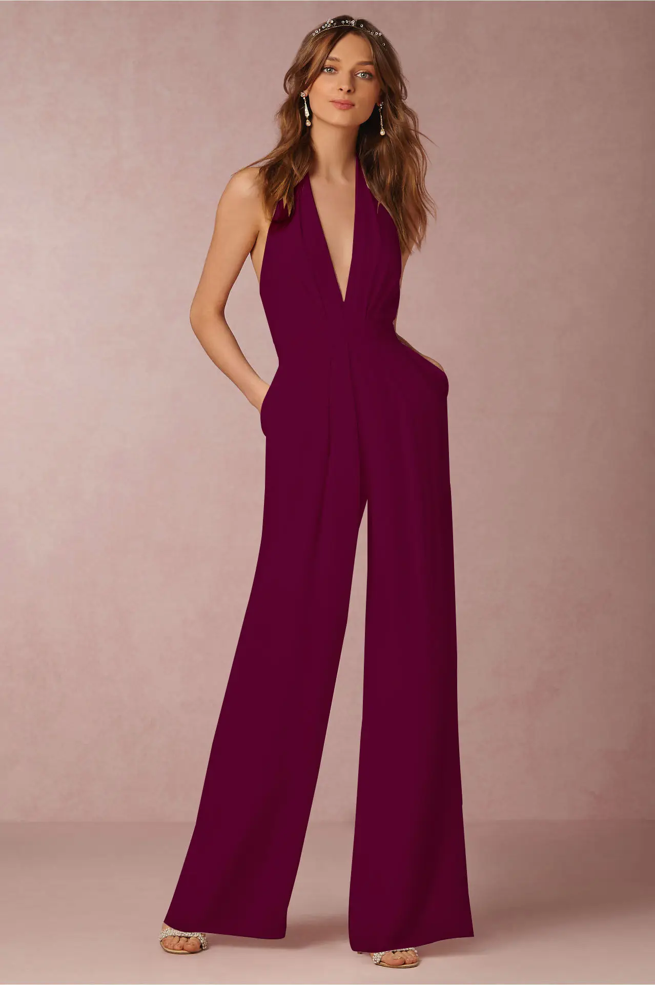 Red Sleeveless Halter Jumpsuit for Women - Image 3