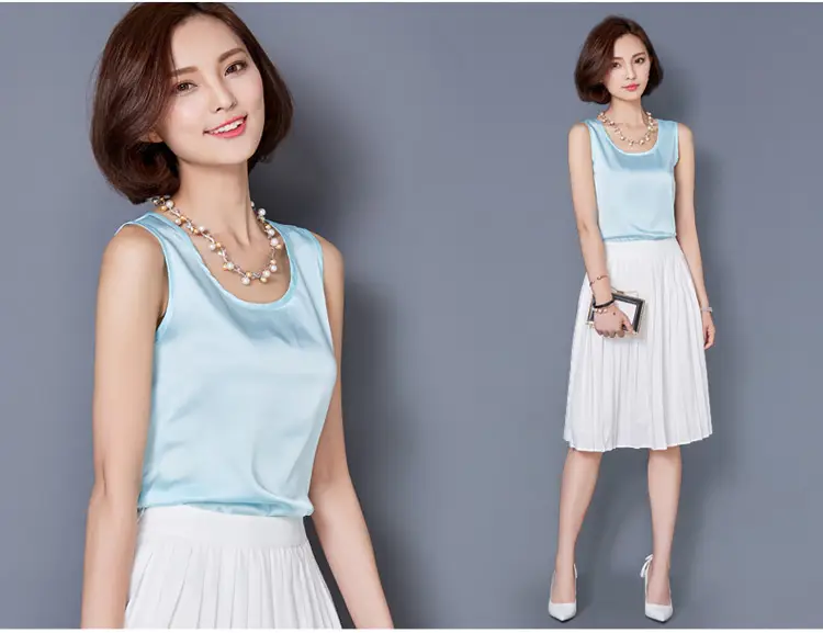 Women Sleeveless Green Satin Top with Choker — feature 45