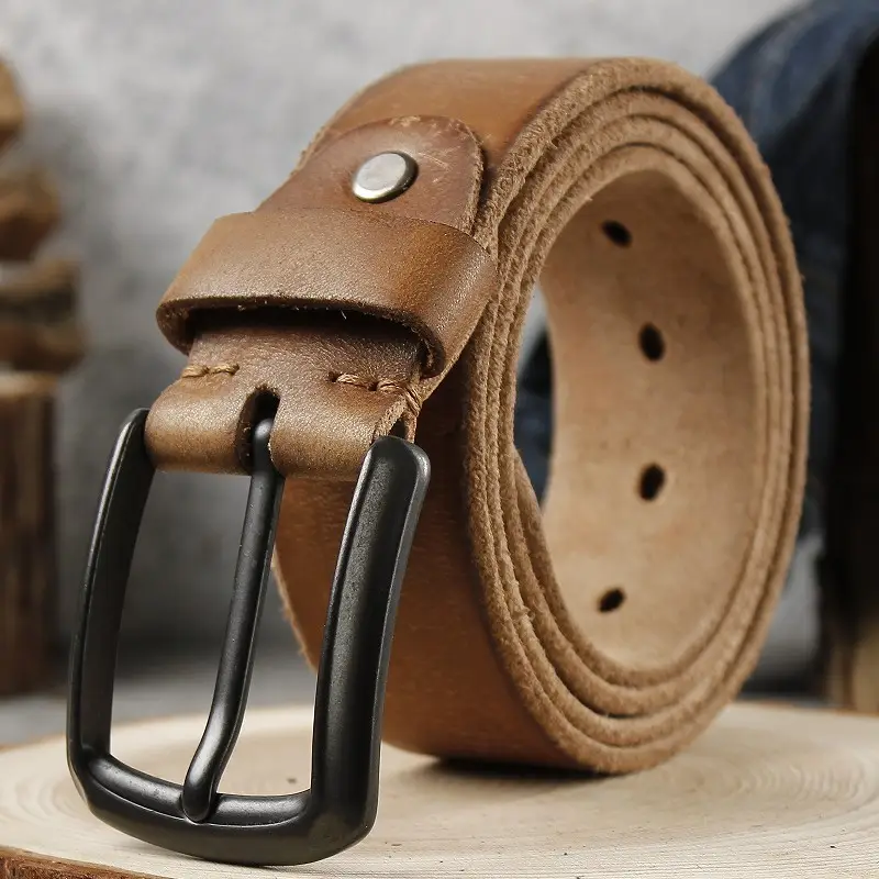 Men's Cowhide Belt with Retro Pin Buckle Brown - Image 10
