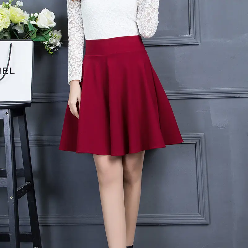 Red Korean Style Pleated Skirt High Waist Slimming - Image 2