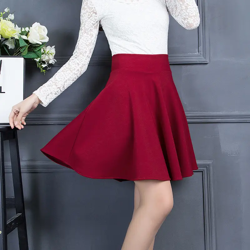 Red Korean Style Pleated Skirt High Waist Slimming - Image 4