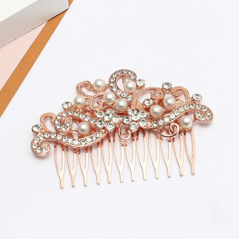 Rose Gold Pearl Diamond Hair Comb for Bridal Accessories — feature 8