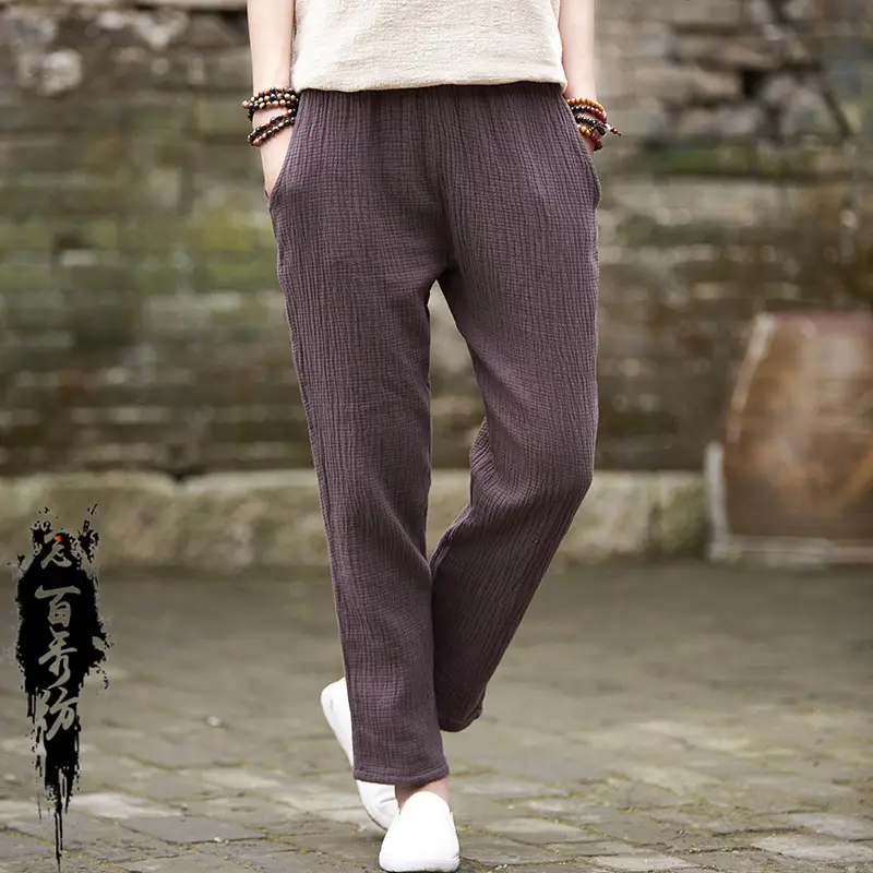 Women Zen-Style Cotton Linen Straight Leg Pants White