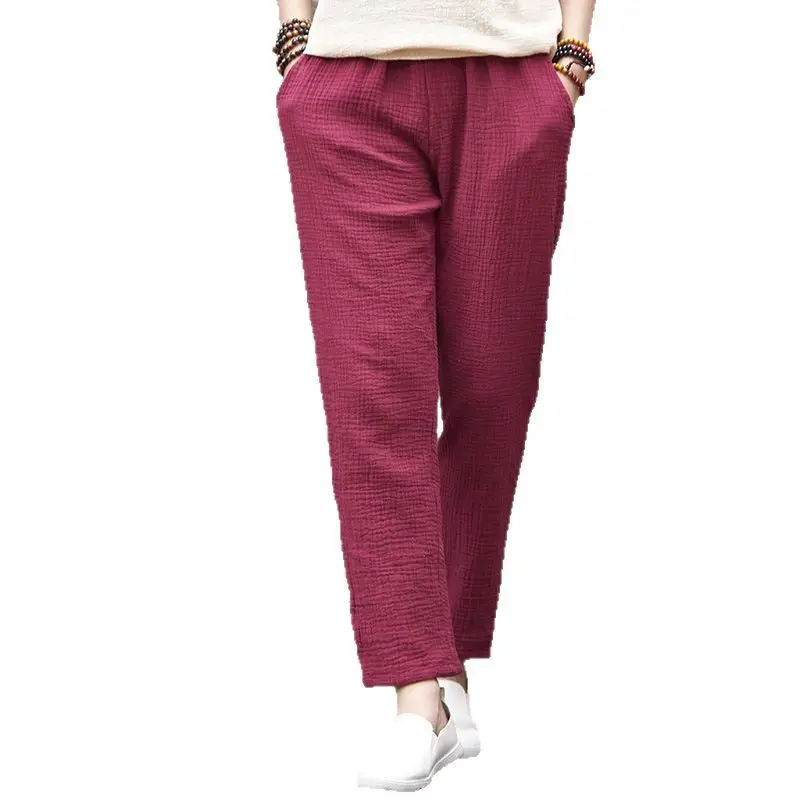 Women Zen-Style Cotton Linen Straight Leg Pants White