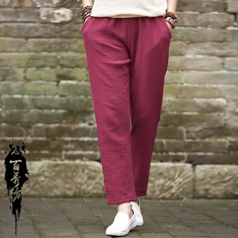 Women Zen-Style Cotton Linen Straight Leg Pants White
