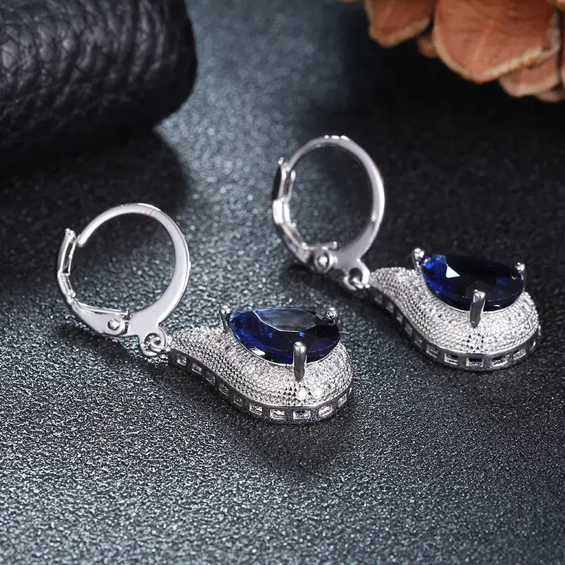 Diamond Inlaid Water Drop Earrings with Shiny Sapphire - Image 2
