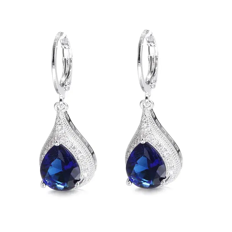 Diamond Inlaid Water Drop Earrings with Shiny Sapphire - Image 5