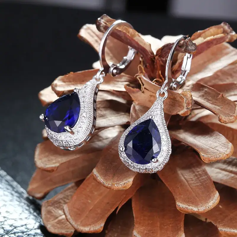 Diamond Inlaid Water Drop Earrings with Shiny Sapphire — feature 6