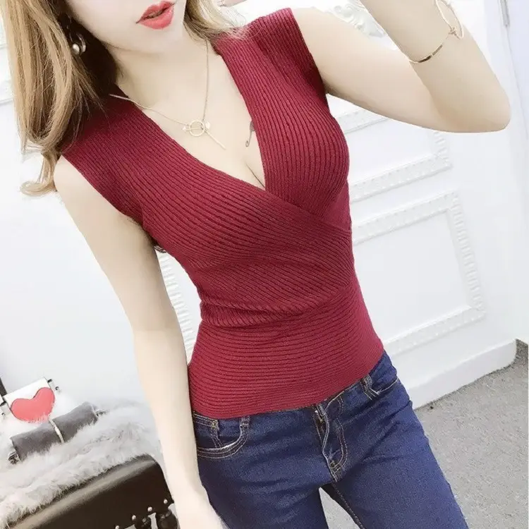 Women's Navy Blue Cross V-Neck Knitted Vest - Image 14