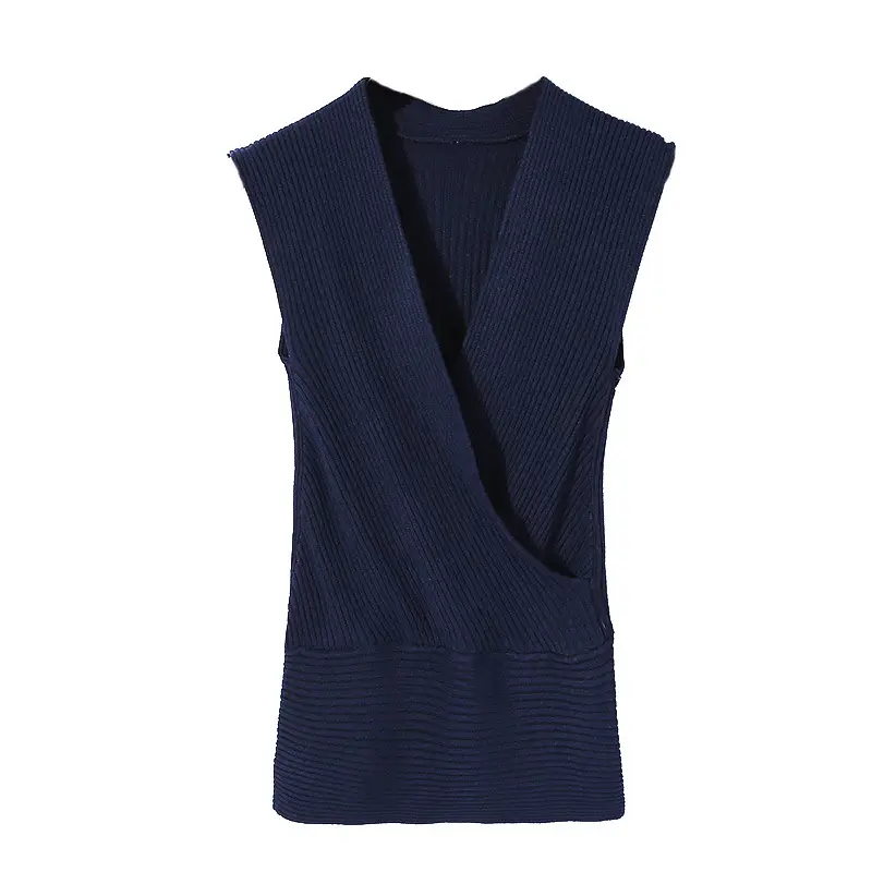 Women's Navy Blue Cross V-Neck Knitted Vest - Image 17