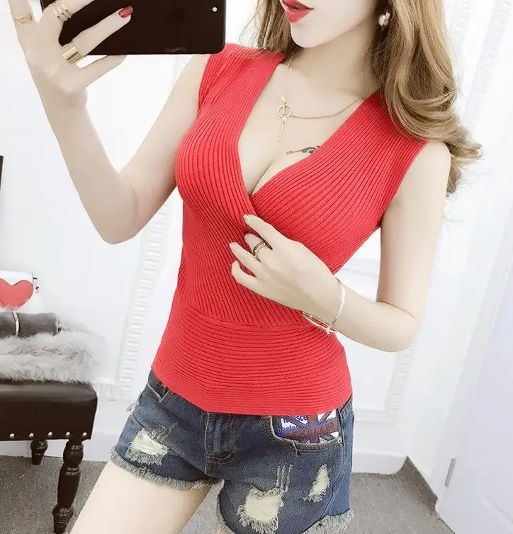 Women's Navy Blue Cross V-Neck Knitted Vest - Image 2