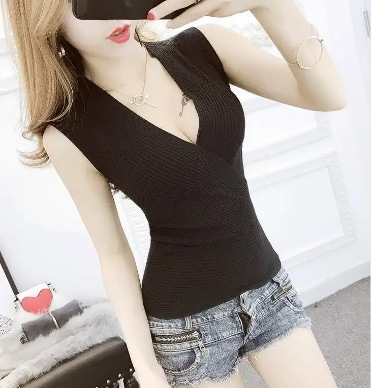 Women's Navy Blue Cross V-Neck Knitted Vest - Image 6