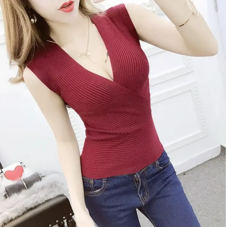 Women's Navy Blue Cross V-Neck Knitted Vest - Image 7