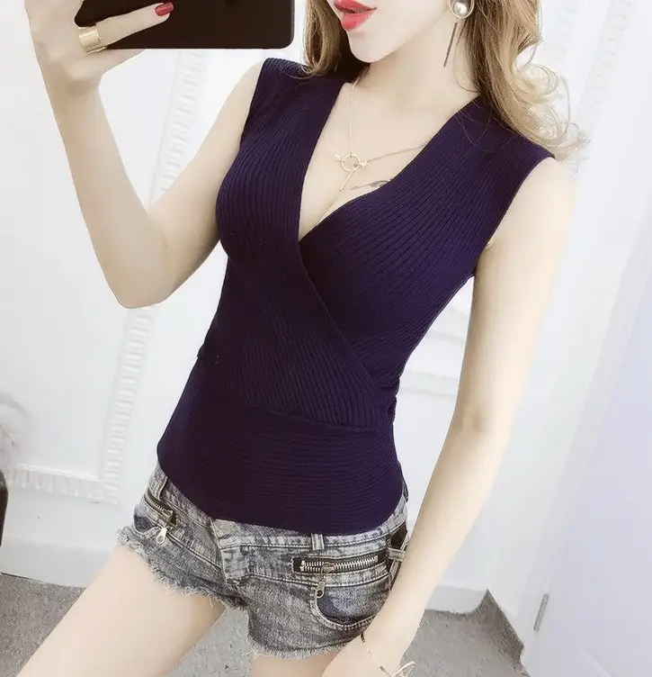Women's Navy Blue Cross V-Neck Knitted Vest - Image 9