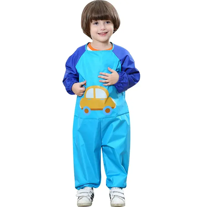 Baby Overalls Blue Car Print Waterproof Sand Play Climbing Anti-Dressing Eating Eating Clothes - Image 11
