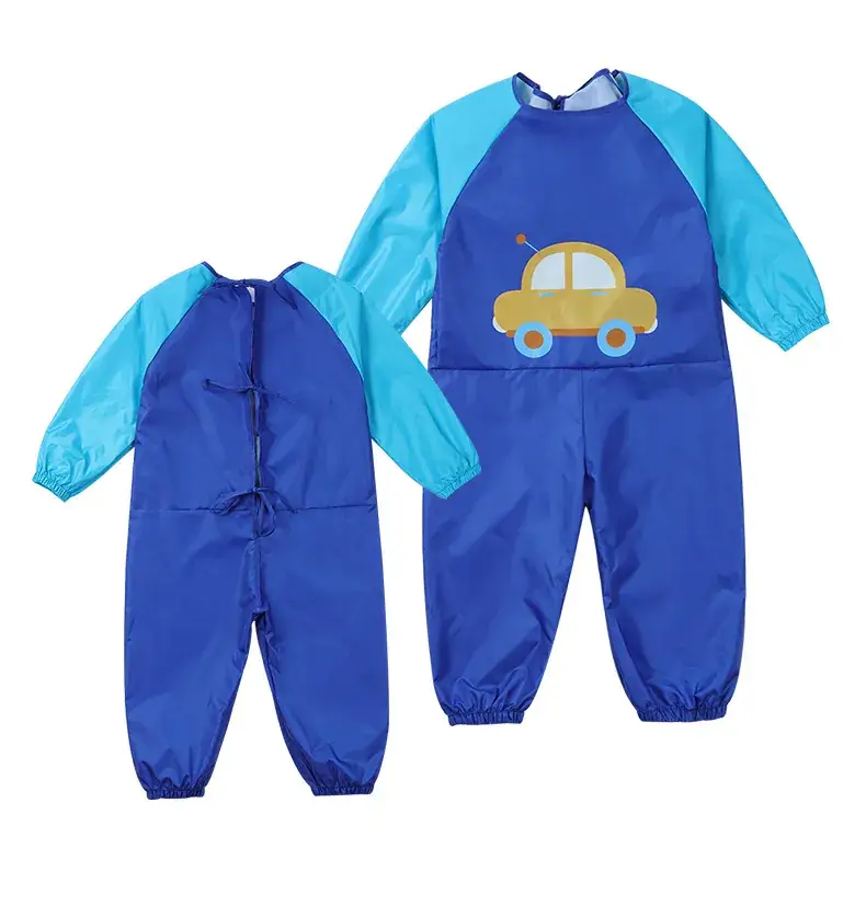 Baby Overalls Blue Car Print Waterproof Sand Play Climbing Anti-Dressing Eating Eating Clothes - Image 2