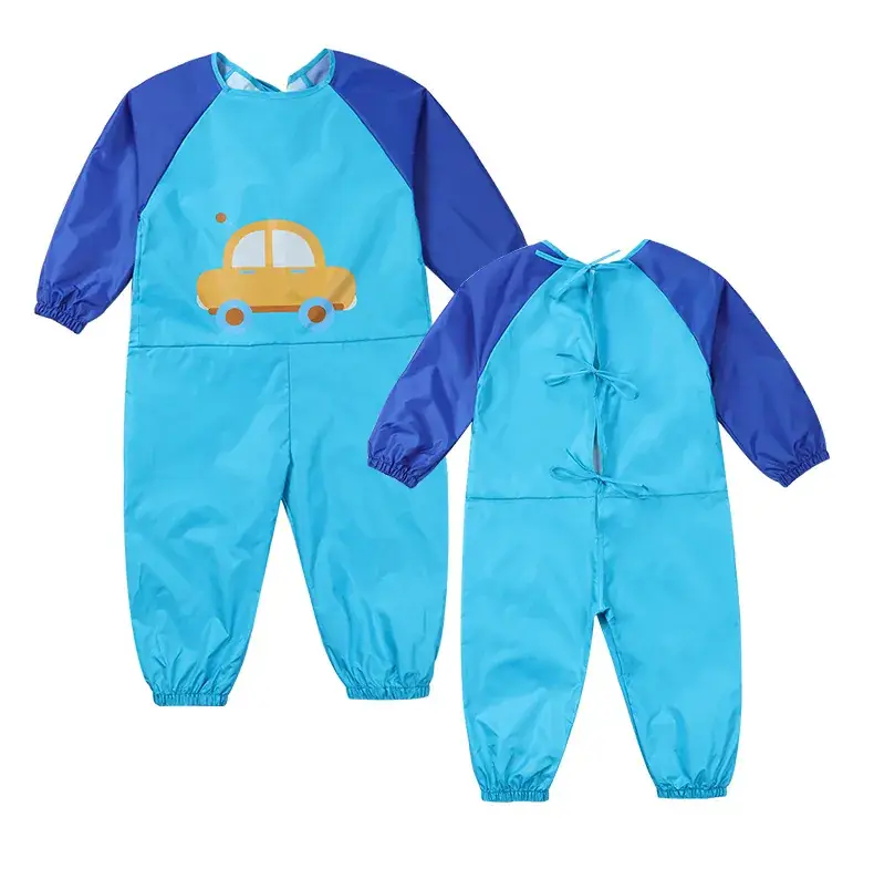 Baby Overalls Blue Car Print Waterproof Sand Play Climbing Anti-Dressing Eating Eating Clothes - Image 3
