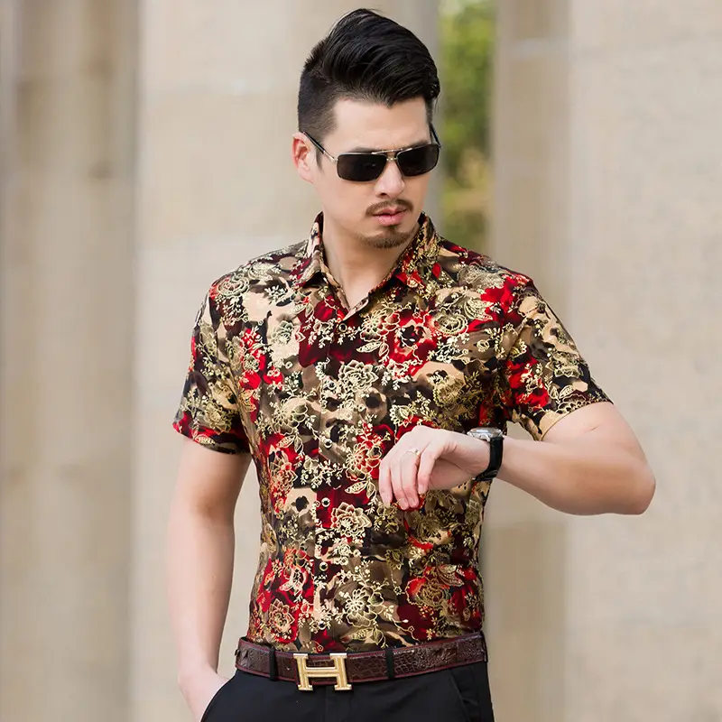 Men's Printed Short Sleeve Shirt Brown Red Floral Business Casual