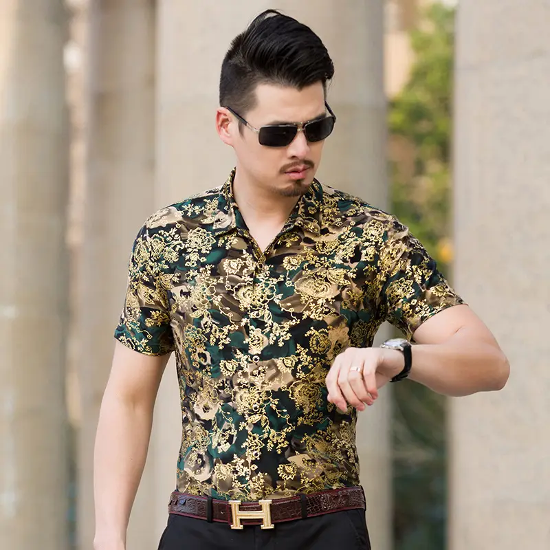 Men's Printed Short Sleeve Shirt Brown Red Floral Business Casual